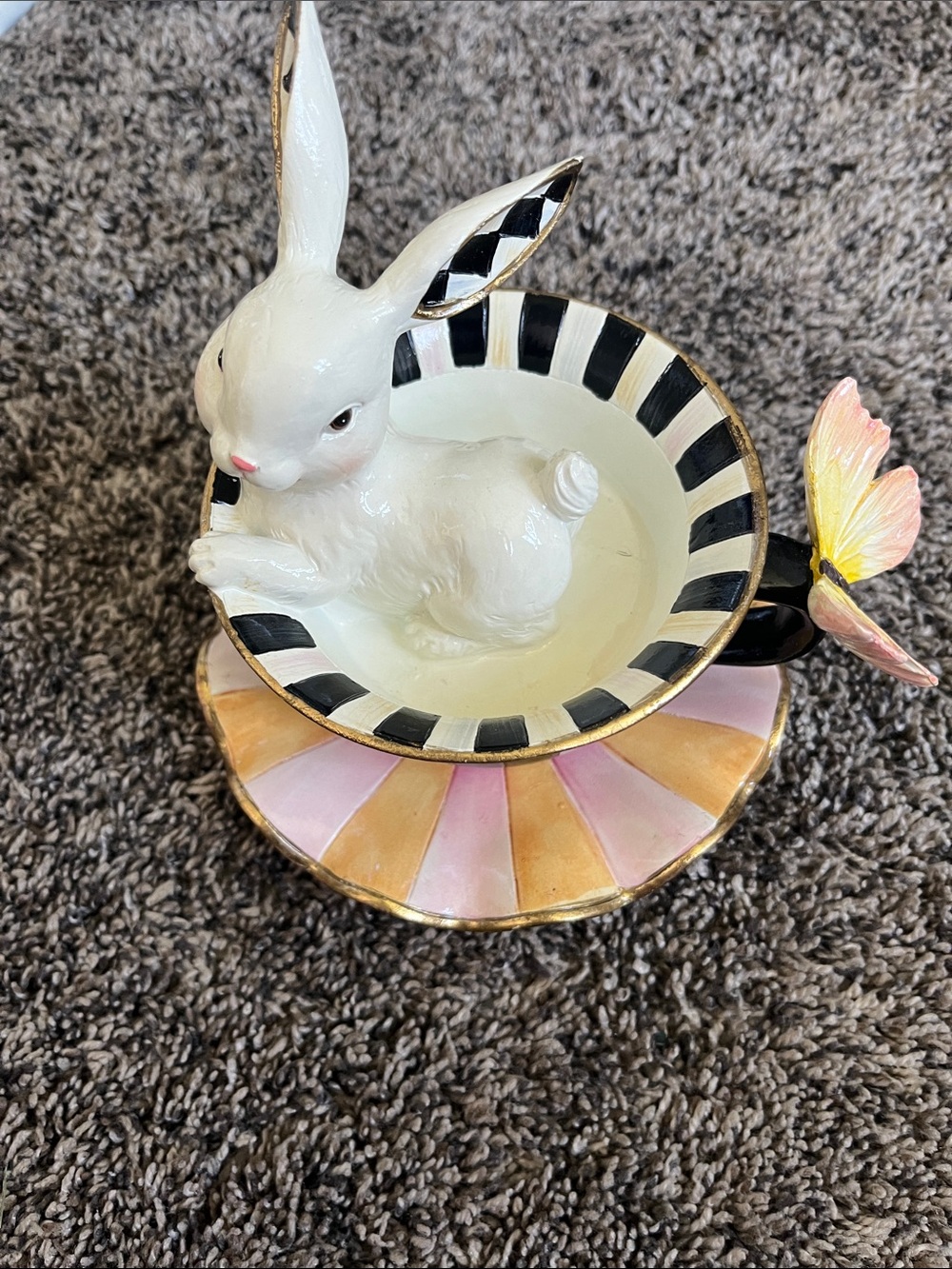 Mackenzie Childs Ceramic Bunny Teacup Dish in White, Black & Pink. New. No tags